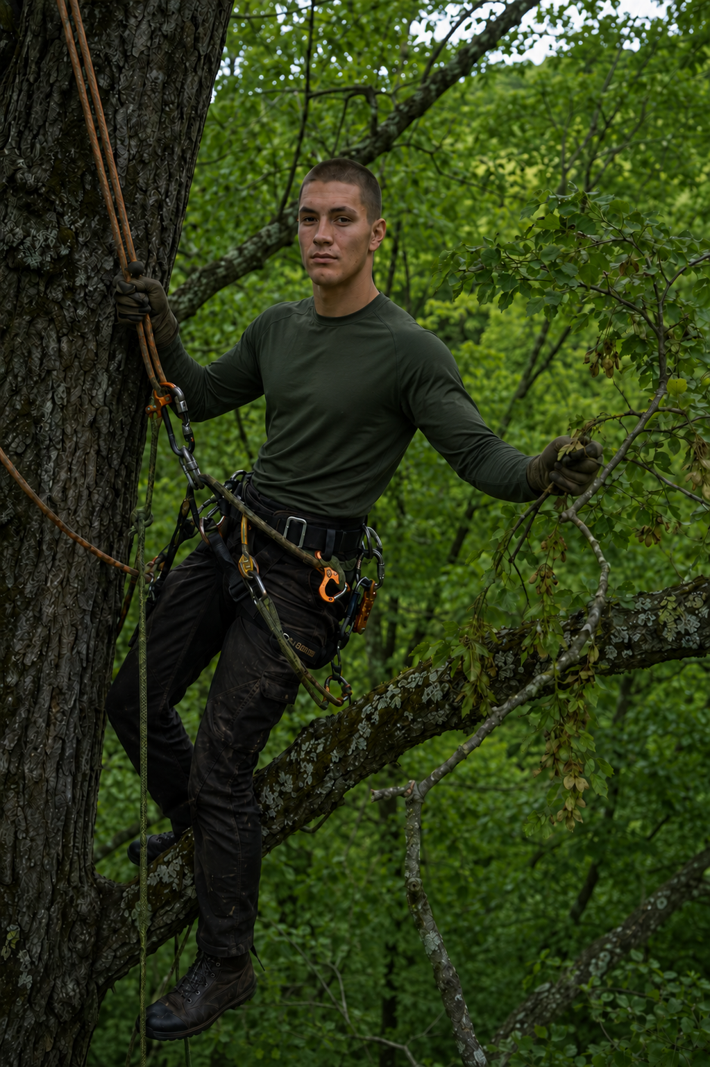 Kevin using professional rope-access techniques for high-canopy seed collection